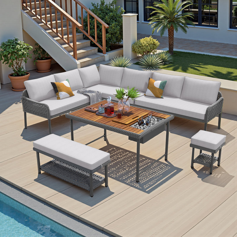 Ensemble de meubles de patio en corde 6 pièces, Gris