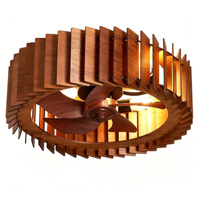 19 in. 4-Light Rustic Brown Wood Flush Mount Ceiling Fan with Light, Low Profile Fandelier with Remote E26 Base