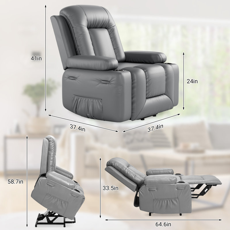 Electric Power Lift Recliner with PU Leather & Remote Control, Wide Recliner Sofa for Elderly & Limited Mobility in Bedroom, Gray