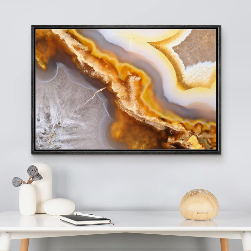 Reproduction d'art sur toile tendue à motif de tranche d'agate abstraite jaune, Cadre flottant noir