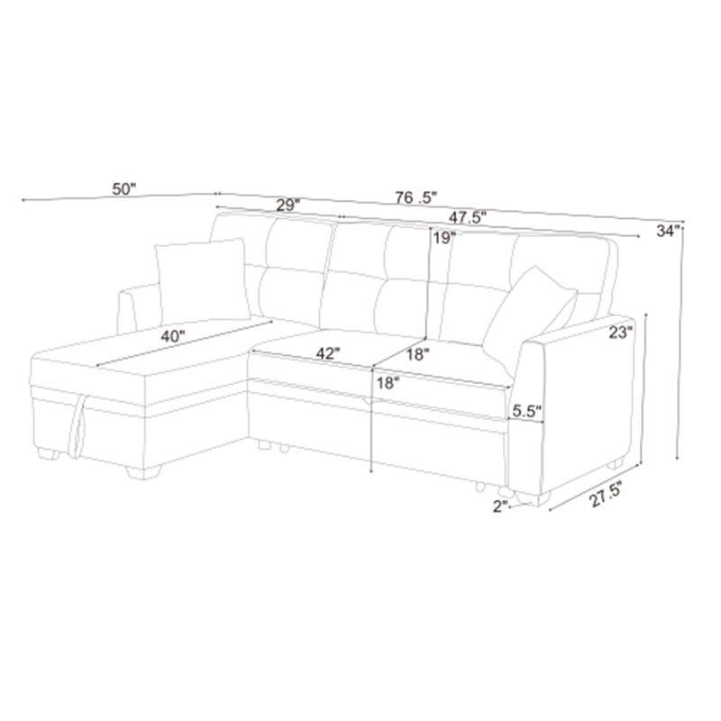 Canapé modulaire en lin mélangé avec lit escamotable et rangement pour chaise longue, Gris
