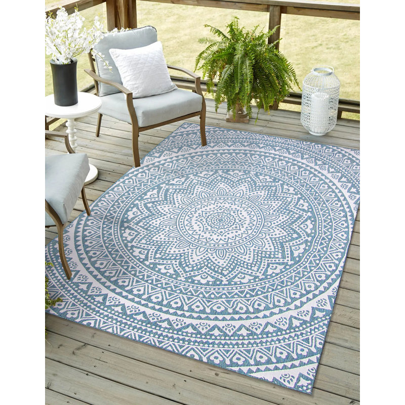 Tapis bleu sarcelle intérieur / extérieur Reyyan, Rectangle 6 pi 5 po x 9 pi