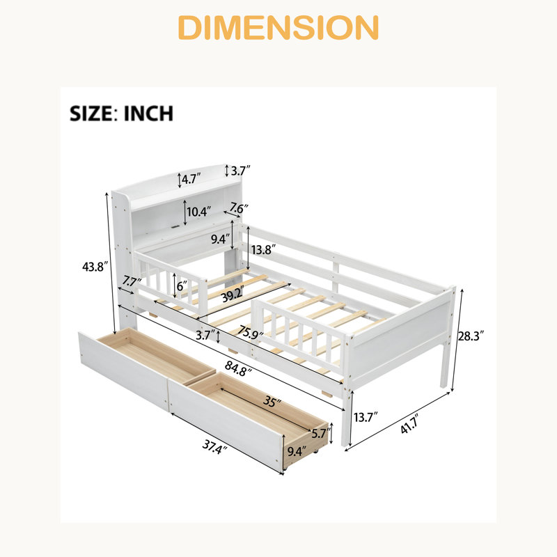 Lit plateforme simple en bois avec éclairage à DEL intégré, tête de lit multifonctionnelle, garde-corps et 2 tiroirs, Blanc