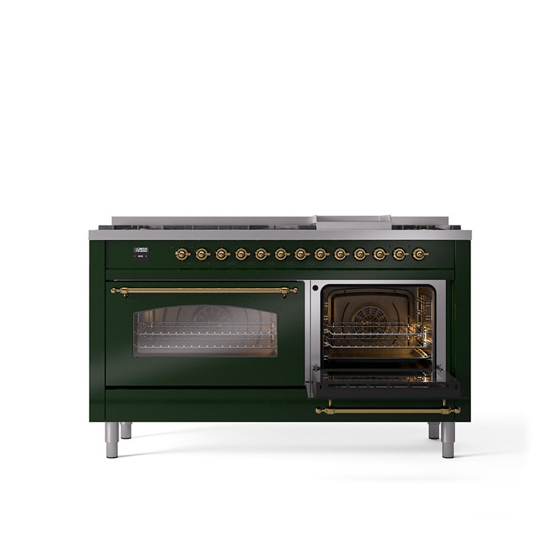 ILVE Nostalgie II 60 Dual Fuel Range, 9 Burners, Griddle, Liquid Propane, Emerald Green/Brass