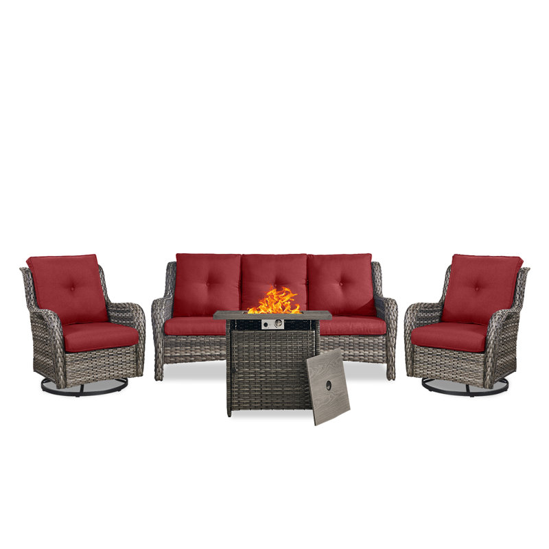 Carolina 5 - Person Sofa Seating Group With Fire Pit With Swivel Glider Chairs And Cushions, Red
