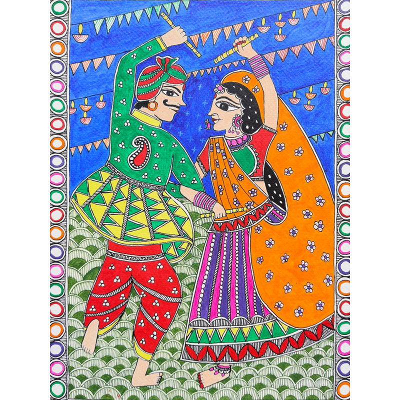 Peinture guhraïda Garba (danse) Madhubani | Acrylique sur papier fait à la main | Par Saral Panchal