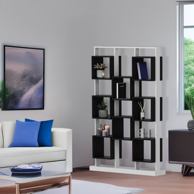 Modern Geometric Bookshelf, White & Black, 47.2 x 74.0 x 11.6 inches | 100% Melamine Coated Particle Board, Thickness: 0.7 inches | Numerous Shelves, Wall-Mountable, Stylish Storage Solution for Home & Office