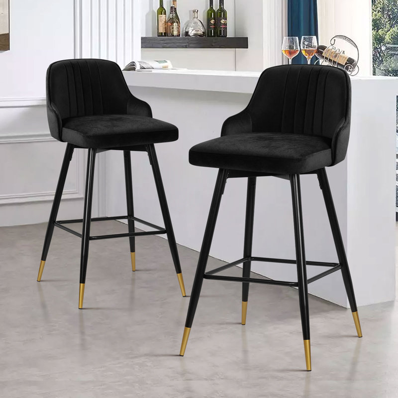 74Cm/65Cm Swivel Velvet Upholstered Counter & Bar Stool With Metal Frame , Black, Counter Stool (65cm Seat Height)