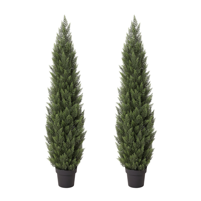 Faux Cypress Topiary Trees in Pot, Set of 2, UV Resistant Pre-Potted Evergreen with Realistic Thick Trunk, Black Cement Pot for Front Door, Porch & Entryway (Cedar-Look)