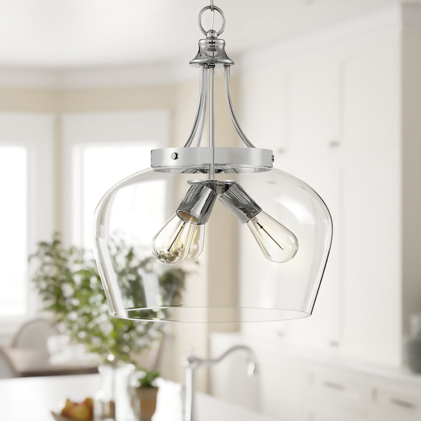 Breena Dimmable 3-Light Pendant, Polished Chrome, Clear