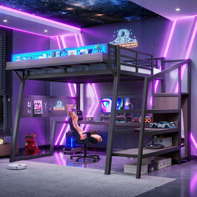 Loft Bed with Storage Stairs, Shelves, Gaming Pegboard, Built-in Wardrobe, USB Ports, and LED Lights, Noise-reduced Design