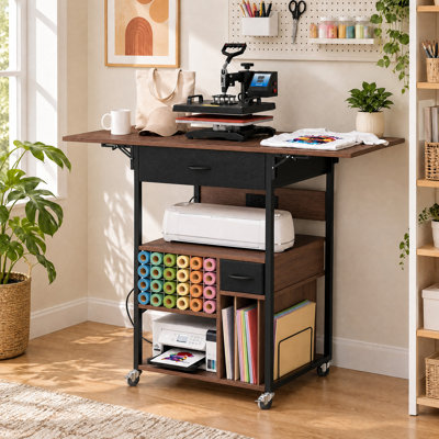 Table de presse à chaud de 108 cm (42,5 po) avec 24 supports pour rouleaux de vinyle, station de charge, tiroirs et étagères ouvertes, chariot de bricolage robuste à roulettes