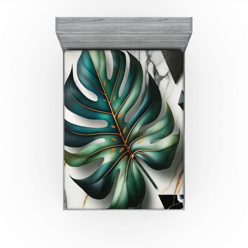Drap-housse Ambesonne Monstera_ Art abstrait Mid-Century_ Fougère vert sarcelle et gris pâle, Grand