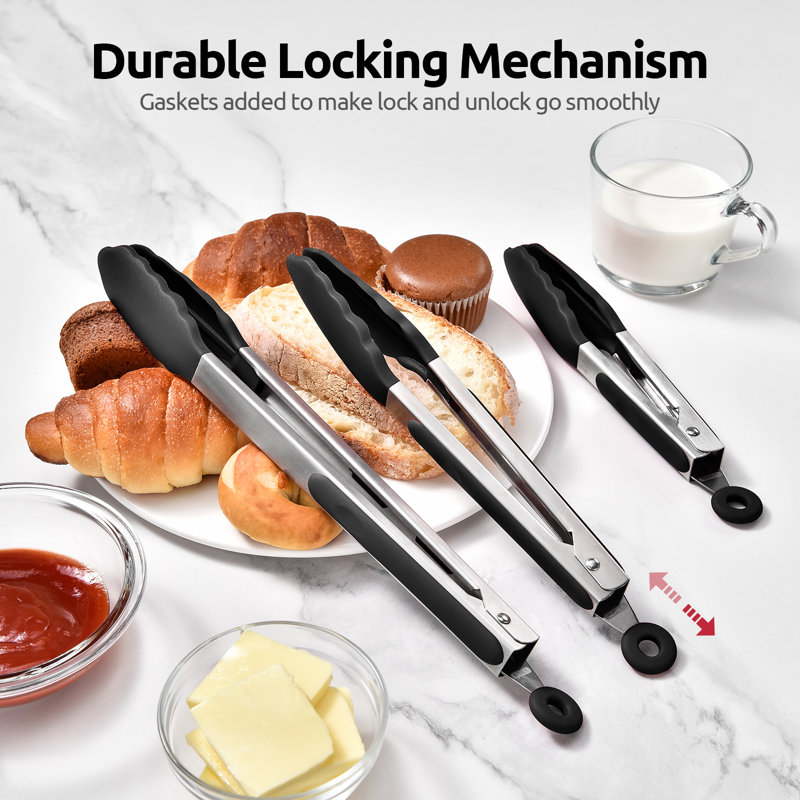 U-Taste 600ºF Heat-Resistant Silicone Kitchen Tongs: 7+9+12 Inch Heat Resistant Cooking Tong Set, Black