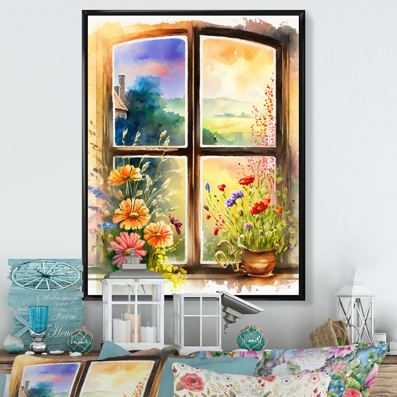 Été coucher de soleil floral II - décoration murale de fenêtre de ferme, H 20 po x l 12 po, Cadre flottant noir