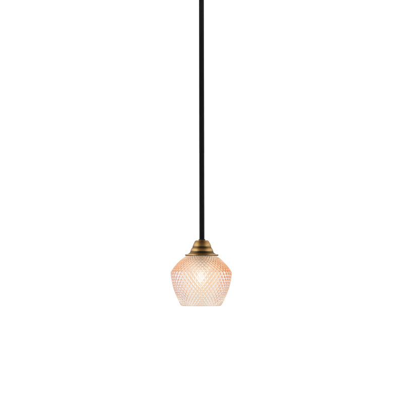 Mini-luminaire suspendu Strickland, fini noir mat et laiton vieilli avec verre texturé ambre de 6 po
