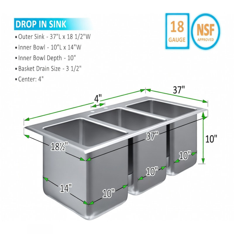 Express KitchQuip 37" W x 18.5" D Stainless Steel 3-Compartment Drop-In Sink For Commercial Use NSF-certified