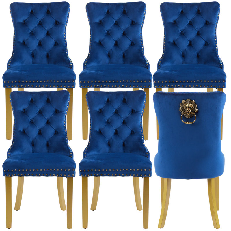 Chaises de salle à manger rembourrées en velours et oreilles capitonnées Traditional, Bleu, 6