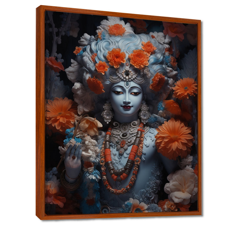 Krishna avec collier de perles et de fleurs oranges - Art mural de l'hindouisme, Toile avec cadre flottant brun