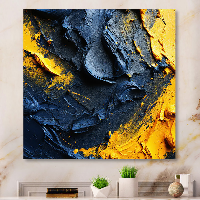 Rough Love Slavic, peinture abstraite jaune bleu I - Peinture abstraite, art mural, salon, H 36 po x l 36 po x P 1,5 po