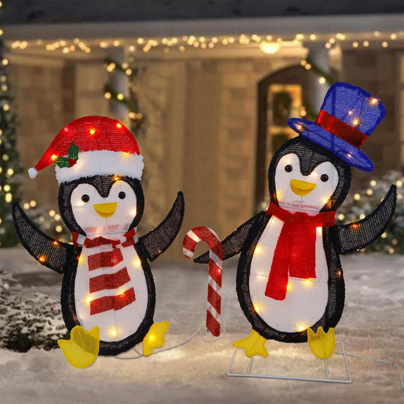 Ensemble de 2 pingouins de Noël illuminés, pingouin pré-éclairé empilé en 2 dimensions avec lumières incandescentes