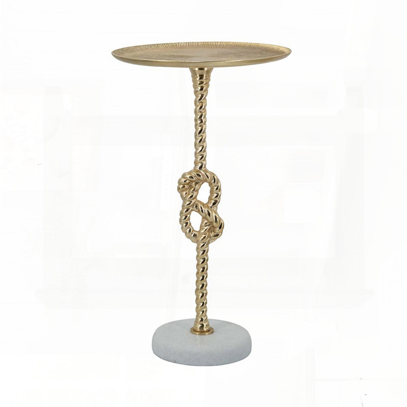 Table d'appoint dorée avec motif de nœuds de corde et base en marbre blanc - 13,8 po x 13,8 po x 24 po