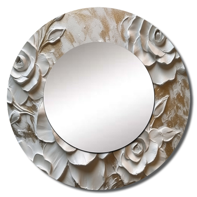 Quienton White Roses In Bloom - miroir rose, miroir mural rond blanc unique, impression d'art en métal, 36 po x 36 po