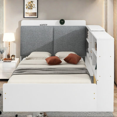 Haskell  Bed With Upholstered And Storage Headboard, Rotatable Board, Storage Shelves And 2 Drawers