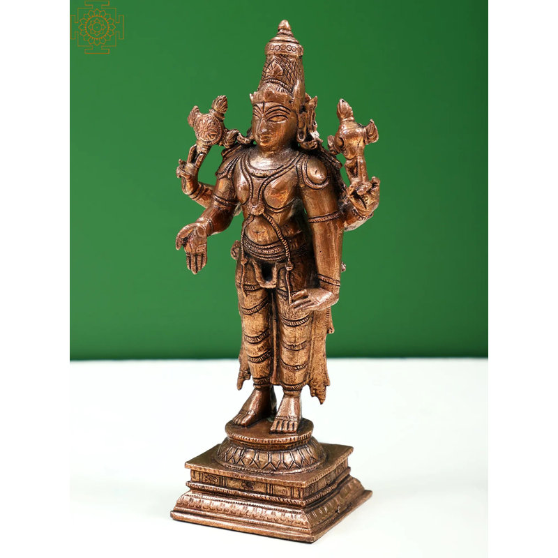 Statue de lord Vishnu en cuivre fabriquée à la main 6 po - Figurine de divinité traditionnelle indienne pour la maison spirituelle et le temple