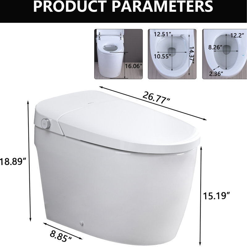 Smart Toilet With Night , Auto Flush, Soft Close Seat. Ceramic, 15.64In Width, 30.9In Package Depth Ceramic Toilet, Side Knob Control. Depth, Heated Seat, Silent Slow Down