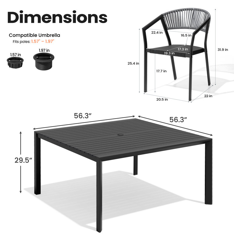 Ensemble repas pour 8 personnes en aluminium avec chaises empilables et trou pour parasol, Gris foncé, Black