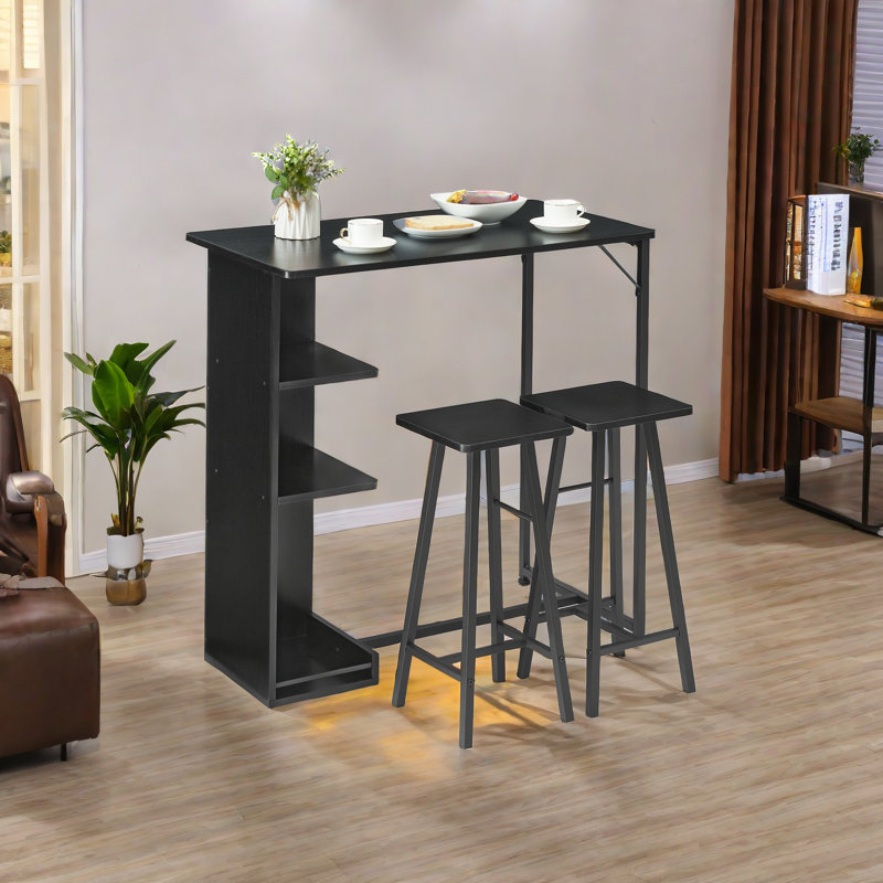 Petite table de salle à manger pour 2, ensemble de table de bar 3 pièces avec tablettes de rangement à 3 niveaux, Noir, Noir