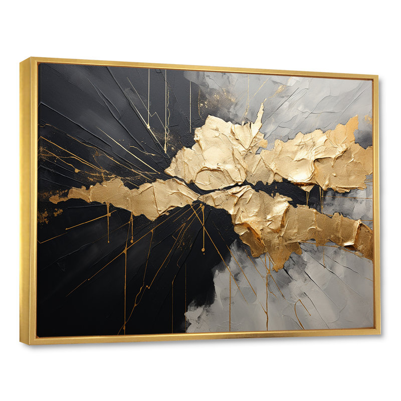«Black and Gold Abstract Meditation I», art mural abstrait, H 12 po x l 20 po x P 1 po, Cadre flottant doré