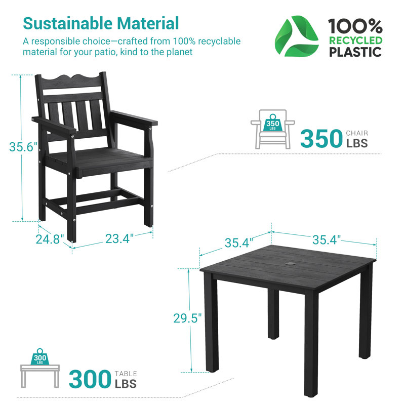 5 PCS Outdoor HIPS Dining Set, All-Weather Patio Table and Chairs W/ Umbrella Hole, Low Maintenance for Porch, Backyard