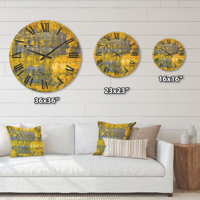 Horloge murale moderne en bois - jaune rencontre l'art abstrait gris I, Moyenne