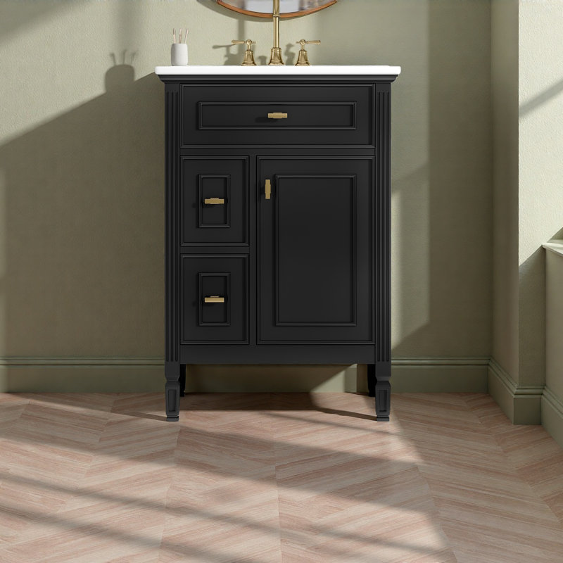 Meuble-lavabo de 24 pouces avec lavabo, armoire en bois massif et panneau de fibres à densité moyenne avec un tiroir rabattable, deux tiroirs standard et une tablette réglable, meuble-lavabo autoportant pour le rangement de la salle de bain