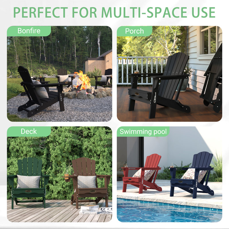 Pakkdiarie Folding Adirondack Chair with Cup Holder,HDPE Outdoor Chair with Comfort Ergonomic Seat for Patios,Lawn,Garden, Backyard Use