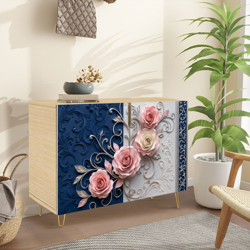 Sideboard Buffet Cabinet with Storage Elegant Floral Design Pink White Roses Ornate Blue White with 2 Doors for Living Room and Kitchen