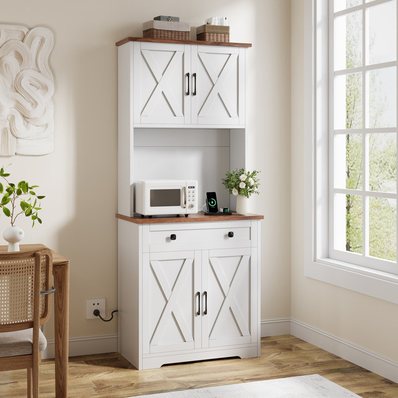 71" Pantry Cabinet with Charging Station, Tall Kitchen Pantry Storage Cabinet with Microwave Stand, Large Farmhouse Kitchen Hutch with Cabinet Doors & Drawer for Living Room, Dining Room