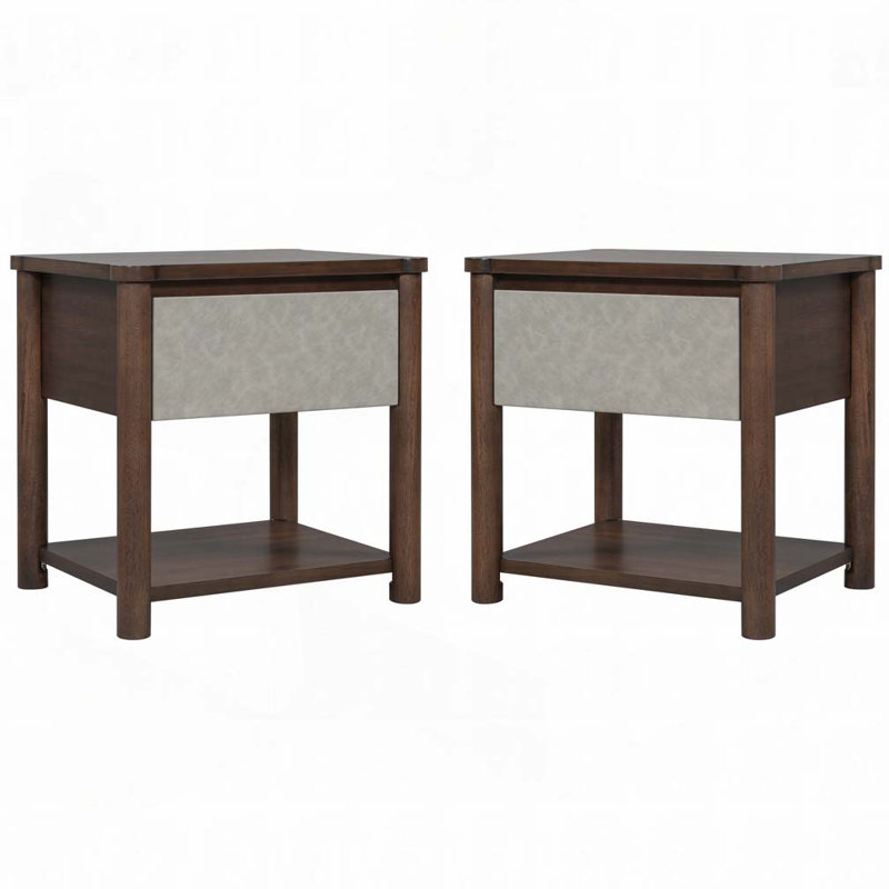 Table de chevet en bois Farmhouse, Gris clair / noyer