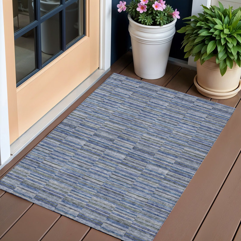 HomeRoots 3' X 5' Navy Blue And Denim Blue Striped Washable Indoor Outdoor Area Rug