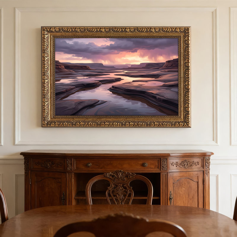 Art mural en toile noyer doré encadré pour salon, chambre à coucher, bureau ou vestibule - décoration murale décorative avec coucher de soleil dans le désert