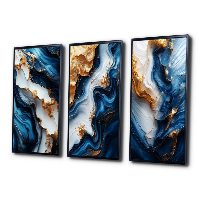 Marbre abstrait dans des tons bleus et dorés I - Collection d'impressions sur toile marbrée, H 28 po x l 36 po, Noir