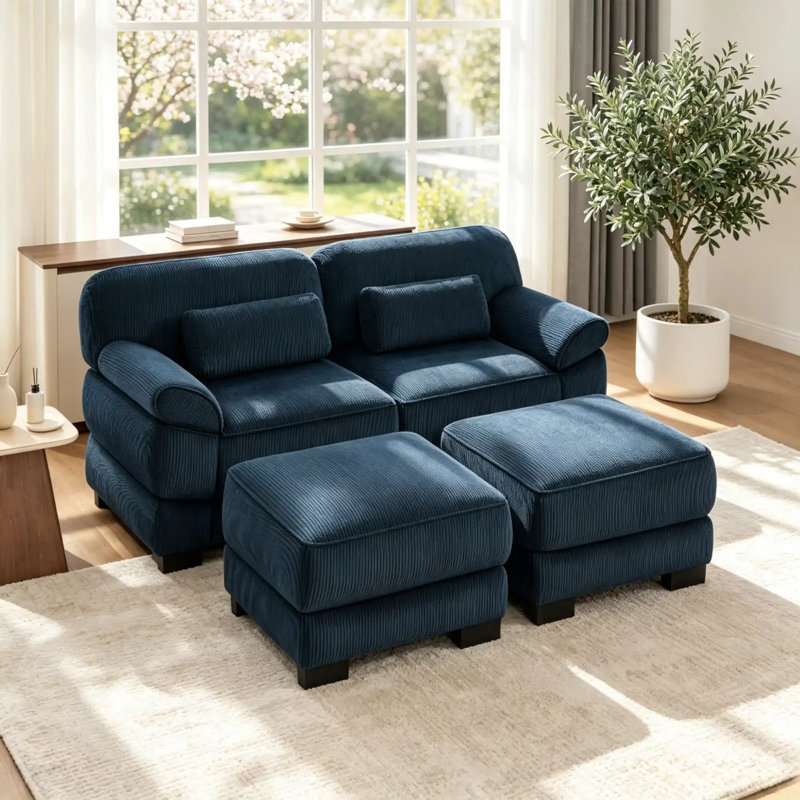 Canapé modulaire en U 76,4 po en velours côtelé modulaire vert, 2 repose-pieds et coussins épais, sans assemblage, Bleu, Bleu