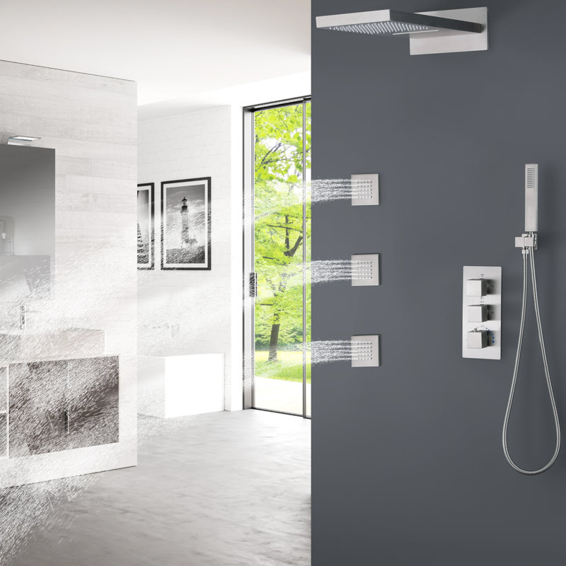 22.36*10.63" Thermostatic Shower System, Wall Mounted 4 Function Luxury Rainfall & Waterfall Shower Head with Handheld Spray and 3 Body Jets with Rough-in Valve