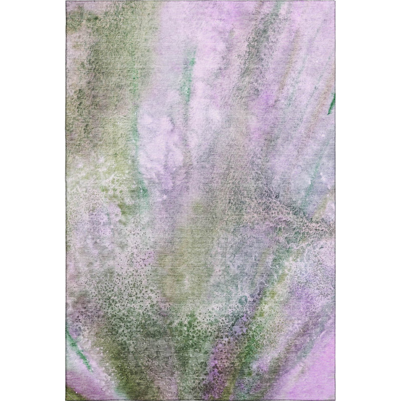 3' X 5' Purple And Green Abstract Washable Area Rug With UV Protection