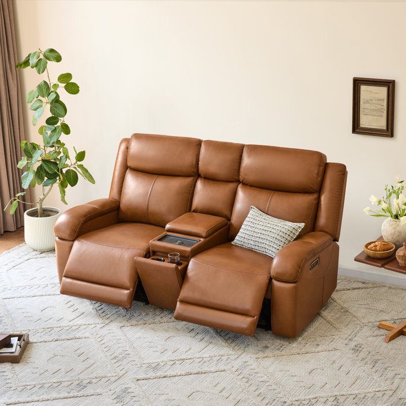 Canapé inclinable électrique en cuir véritable Mejas avec console multifonctionnelle, Brun selle, 2