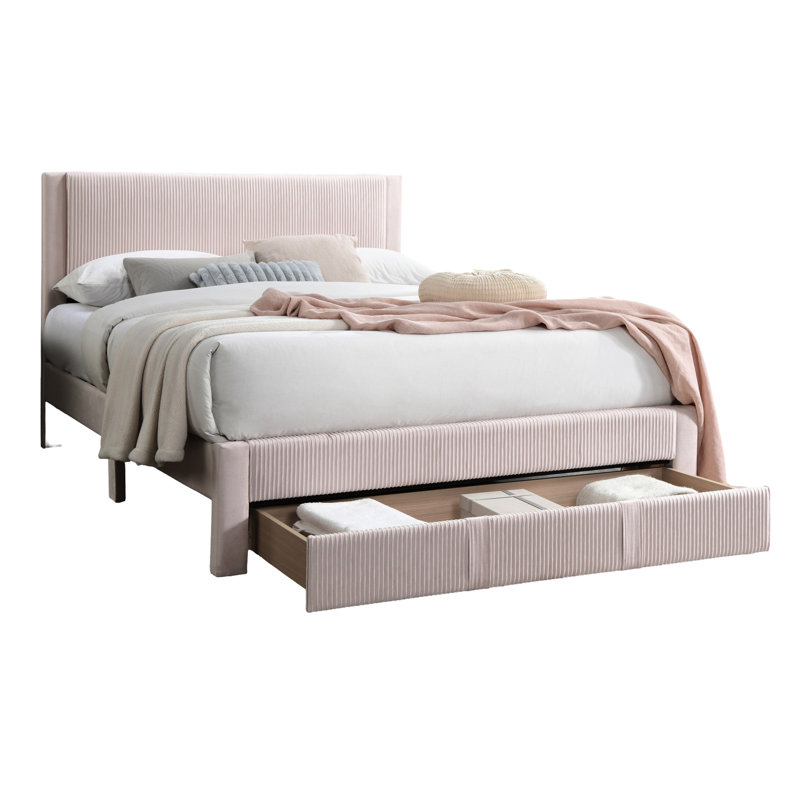 Grand lit rose en velours côtelé avec tiroir sous le lit et plateforme de style moderne pour grand lit