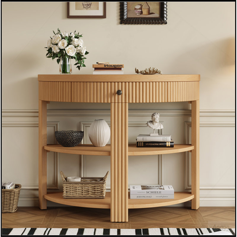 Console demi-lune cannelée TREXM avec tiroir et 2 tablettes pour entrée, salon et couloir (naturel), Naturel