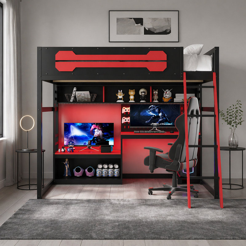 Lit mezzanine double en bois avec bureau, tablettes, lumières DEL, ports USB et panneau perforé, noir et rouge